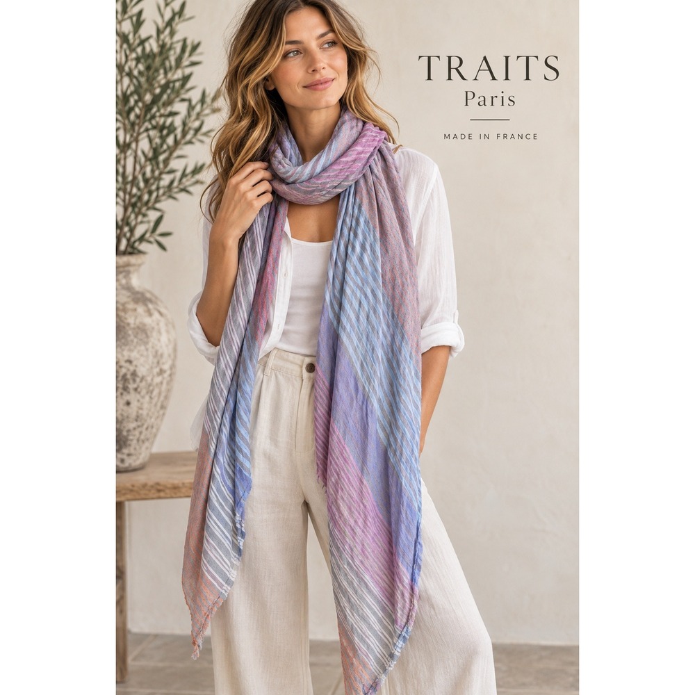 Traits Paris Made in France 100% Cotton Striped Scarf Pastels Wrap Long Length